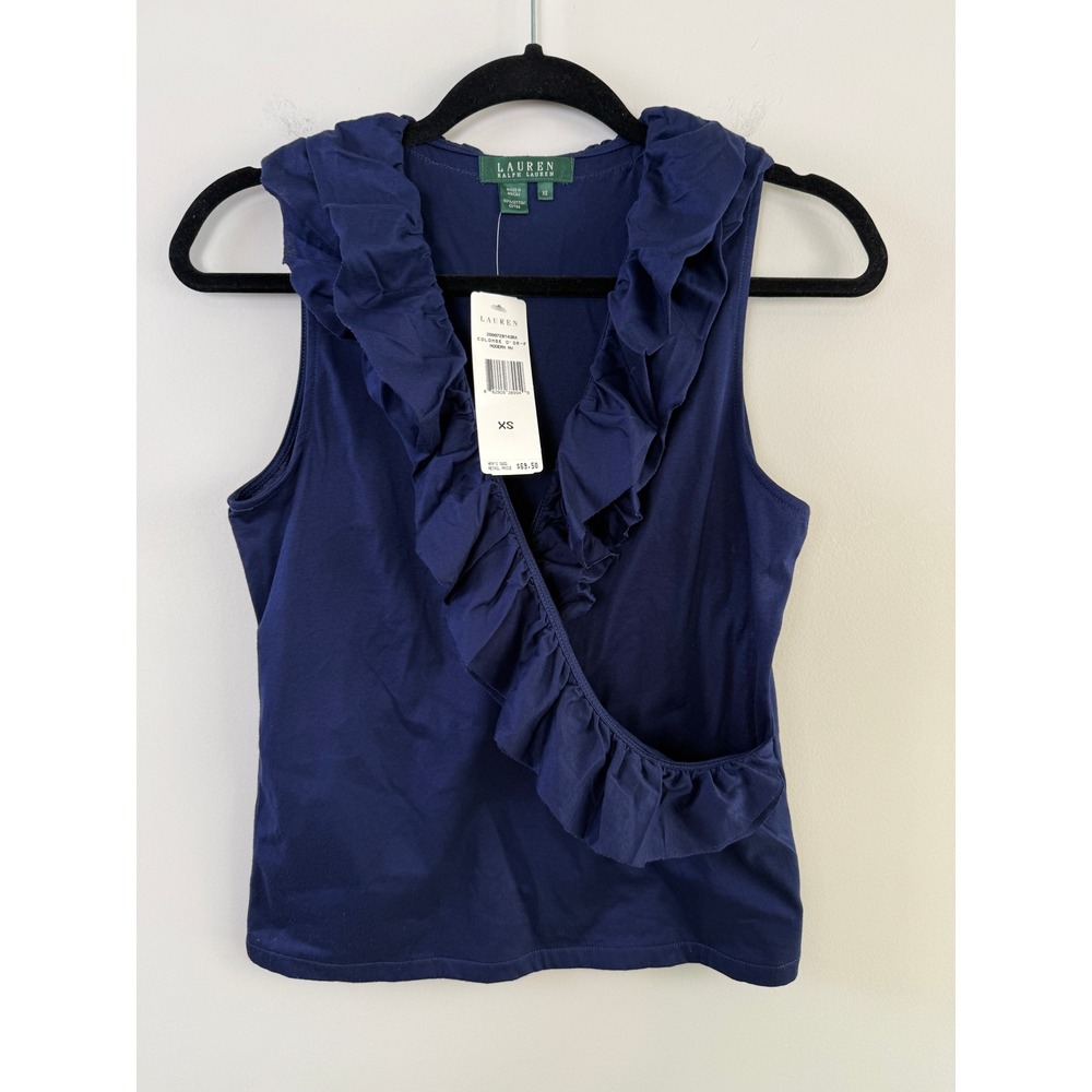 Lauren Ralph Lauren NWTs $70 Ruffle Wrap Top Women's XS Navy Sleeveless Cotton